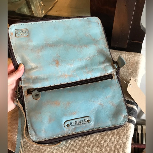 NWT Bed Stu TEMPLETON II Crossbody Wallet Wristlet Baby Blue Oats Rustic $185 - Picture 11 of 16